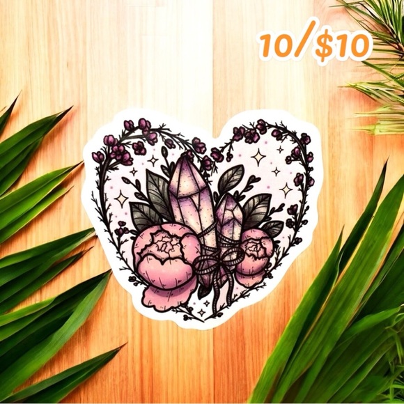 Crystal Heart Sticker – Floral Peony & Amethyst Bundle – Witchy Spiritual - Picture 1 of 1
